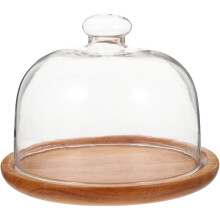 Transparenter Kuchenständer mit Glasabdeckung und Holzsockel, 15,5 x 15,5 x 12 cm, zur Aufbewahrung und Präsentation von Speisen