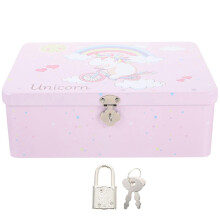 Unicorn Storage Box, Tinplate Material with Lock, Pink, 24.5x18x8.5cm, Sealed Lid for Home Item Storage