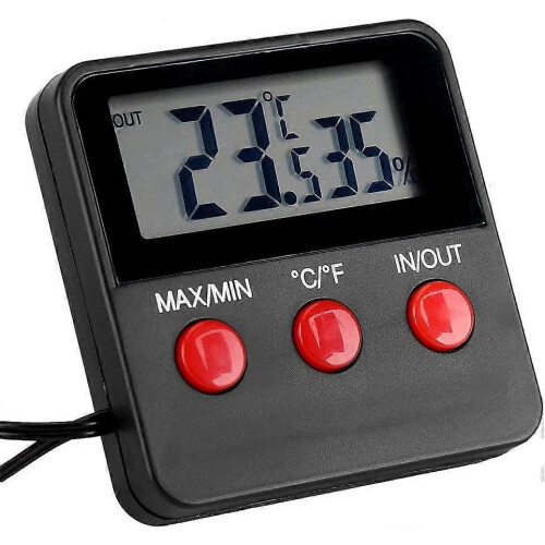 Digitale thermometer-hygrometer met groot LCD-scherm en sensorlijn voor temperatuurmeting.