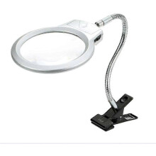 Lupa de lectura LED de escritorio con soporte de pinza, aumento de 8X a 30X, brazo flexible tipo cisne, lente sin distorsión.