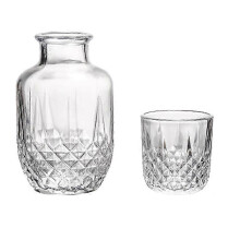 Waterkaraf en glazenset voor naast het bed, 500 ml (17 oz) dik glazen karaf van voedselveilig materiaal met een glas van 150 ml (5 oz), transparant