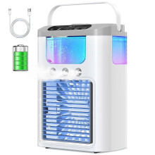 Tragbare Mini-Klimaanlage, 1200-mAh-Akku, 600-ml-Wassertank, 3 Windstufen, 7-farbiges Nachtlicht für Camping, drinnen und draußen