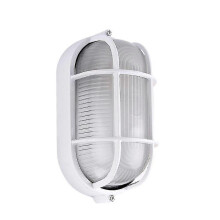 Oval Bulkhead Lamp, IP54 Vandal Resistant, 60W E27, White Aluminium Base, Wire Guard Glass Diffuser, Dimmable