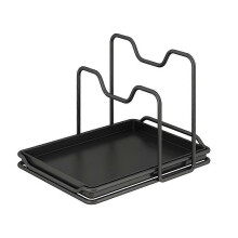 Pot Lid Organizer Rack, Black Metal + Plastic, Detachable Drip Tray, 19 x 14.5 x 12.7cm, Kitchen Utensil Storage for Countertop Cabinet