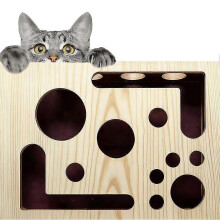 Wooden Cat Nail File Box, Solid Wood Maze Cat Scratch Puzzle with Bell Ball and Internal Sandpaper