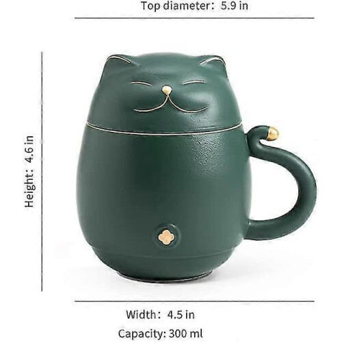 Ceramic Cat Mug With Infuser 300ml Dark Green Cat Lovers Coffee Tea Cup 1