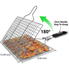 Panier à griller en acier inoxydable, pliable avec poignée amovible, grille de 32 x 22 cm, pour griller poissons, légumes et crevettes.