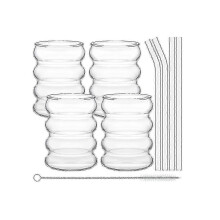 Copos de Vidro Canelado 300ml, 4 Unidades com Palhas e Escova de Limpeza, Vidro Borosilicato para Bebidas Quentes e Frias