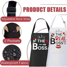 Para fartuchów kuchennych, unisex, 70 x 80 cm, nadruk Boss i Real Boss, regulowane paski, odporne na plamy