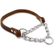 Genuine Leather Martingale Dog Collar, Stainless Steel Chain Training Collar for Small Medium Large Dogs