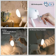 Lampada da tavolo a forma di renna, ricaricabile tramite USB, luce notturna dimmerabile con timer e testa regolabile.