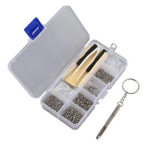 Brillenschrauben-Set, 500-teiliges Rahmenreparaturset mit Unterlegscheiben, Nasenpads, Schraubendreherbits, 1,0 mm und 1,2 mm Schrauben