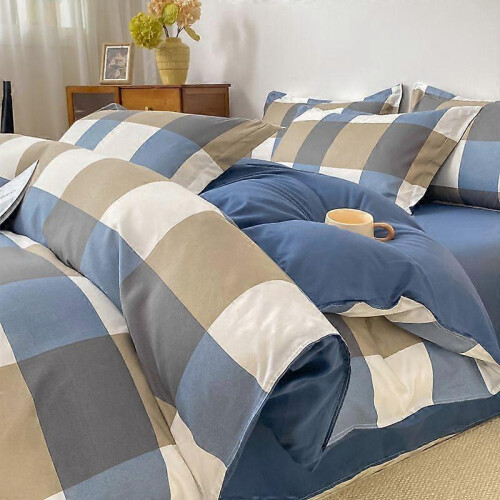 Japanese Style Plaid Bedding Set 1.5m 4-Piece Light Pink Polyester 1