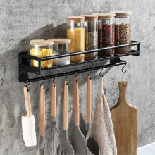 Soporte para utensilios de cocina, 8 ganchos móviles con estante, 40 cm, acero inoxidable, 2 métodos de instalación
