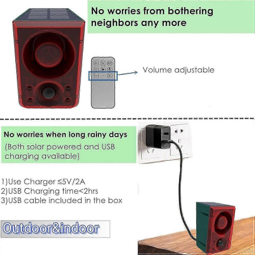 Solar Outdoor Motion Sensor Alarm, Solar & USB Charging, 130db, Custom Recording, Adjustable Volume, 3 Working Modes, Remote Control 1