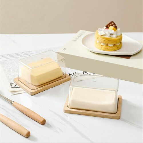 Butter Dish with Bamboo Lid, Rectangular Cheese Storage Box for Food Freshness 1