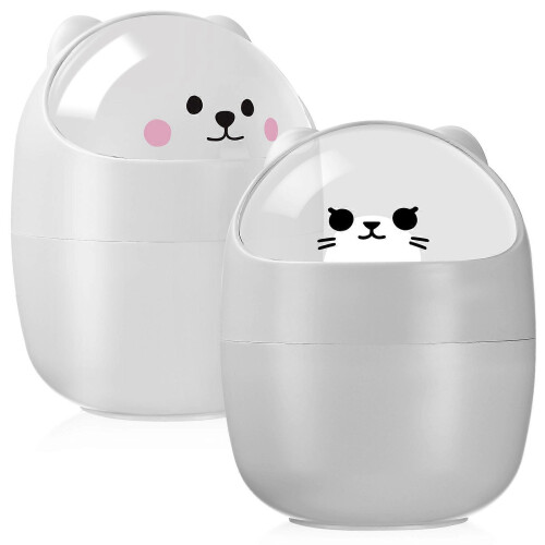 Cat Shaped Mini Trash Can with Lid, Silver Plastic for Home Office Desk