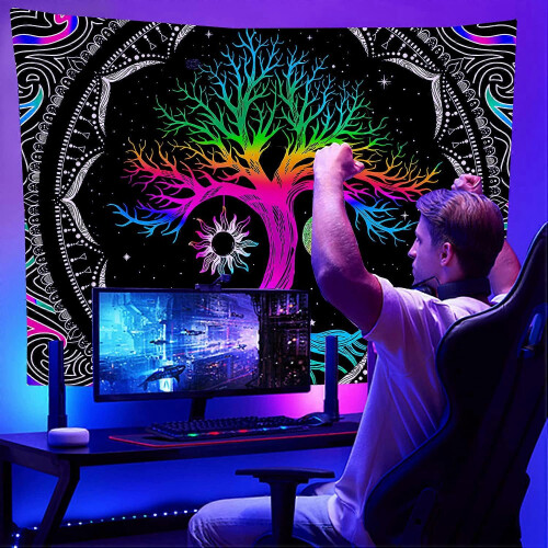 Tapestry 200x150cm Black Light Colorful Moon Phase Hippie Boho Psychedelic Floral 2