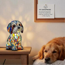Lampada da notte USB a forma di cane arcobaleno, design 3D vetro colorato, resina fatta a mano, luce calda LED per tavolo