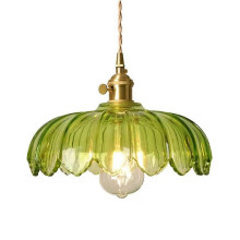Lampada a sospensione moderna in ottone, paralume fiore vetro verde, illuminazione regolabile 110V E26 per cucina sala da pranzo camera da letto