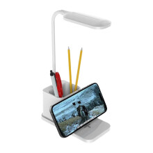 Lampada da scrivania con caricatore wireless, portapenne, luminosità regolabile, rotazione da 90 a 135 gradi, bianca, salvaspazio