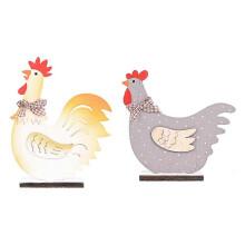 Set di 2 statue rustiche in legno raffiguranti gallina e gallo, intagliate per decorare casa e giardino.