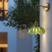 Vintage Adjustable Green Glass Wall Lamp with Braided Cord, E27 Bulb Holder for Bedroom Hallway