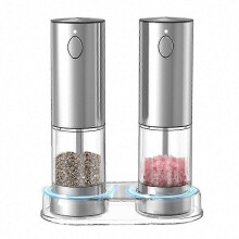 Conjunto de Moedor Elétrico Recarregável de Sal e Pimenta, Aço Inoxidável Prateado, 6 Níveis de Moagem, Luz LED, Capacidade 95mL