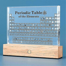 Periodiek systeem met echte elementen in een acryl display met 83 voorbeelden, drielaags acryl, draagbaar, achthoekig ontwerp.