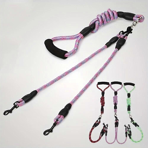 Dual Head Dog Walking Rope for Two Dogs, Wavy Pattern Nylon Double Leash