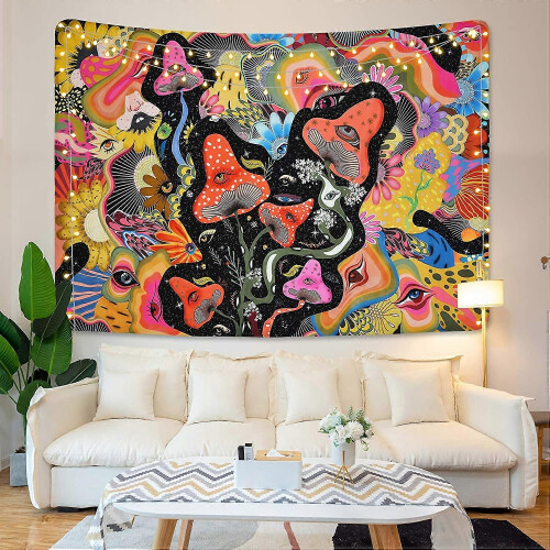 Mushroom Tapestry Psychedelic Eyes Wall Hanging Polyester Fabric Multiple Sizes