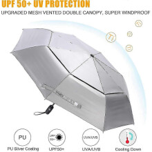 UPF 50+ winddichte opvouwbare paraplu met zilverkleurige coating, geschikt voor op reis, automatisch openen en sluiten, dubbel geventileerd doek.