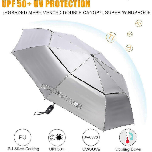 UPF 50+ Windproof Silver Coating Folding Umbrella Compatible with Travel, Auto Open Close, Double Vented Canopy