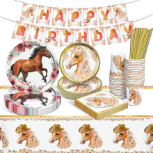 Set di articoli per la festa di compleanno a tema cavalli con piatti, bicchieri, tovaglioli, cannucce, tovaglia e striscione.