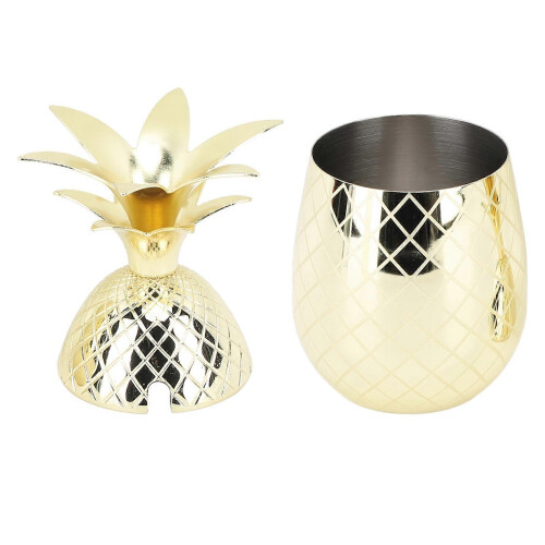 Ananasbecher mit Deckel, 500 ml, Edelstahl, Gold, 19,5 cm