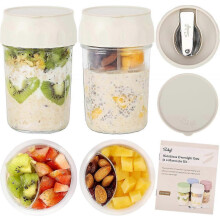 Overnight Oats Containers with Lids, Folding Spoons, Divided Compartments, 16oz Glass Jars