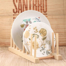 Soporte de madera para cubiertos de encimera con bandeja recogegotas para platos, tazas y libros. Almacenamiento de cocina.