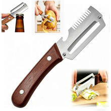 Gemüseschäler mit Holzgriff, Flaschenöffner und Frühlingszwiebelschneider, 3-in-1 Küchenhelfer aus Edelstahl