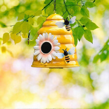 Beehive Iron Hanging Birdhouse for Small Birds, Yellow Garden Bird Nest House, 14.5x14.5x16.5cm