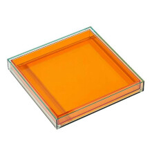 Vassoio quadrato in acrilico arancione dal design geometrico moderno per conservare bevande e alimenti.