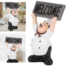 Scultura di benvenuto "Chef alza le mani", in resina, raffigurante un cuoco francese, ideale per panetterie, caffè e bar, colore bianco, 1 pezzo.