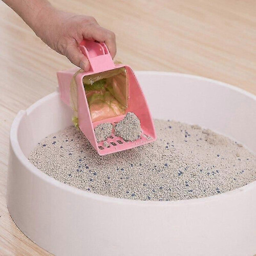 Kattenbakschepje met afvalzakhouder, roze ABS-plastic, zeefschepje. 1