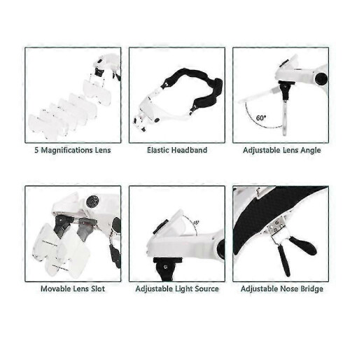 Lenti d'ingrandimento a mani libere con 5 lenti da 1.0X a 3.5X e 2 luci LED 2