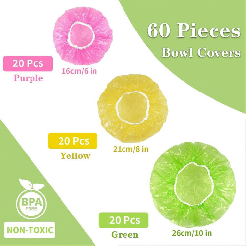 Bowl Covers 3 Sizes 60 Pcs Reusable Elastic Stretch Food Storage Plastic Shower Caps 1