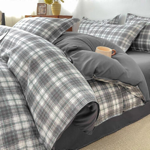 Japanese Style Plaid Bedding Set 1.5m 4-Piece Light Pink Polyester
