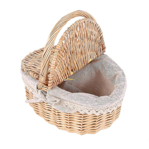 Woven Wicker Picnic Basket with Handle, Removable Linen Lining, Double Lid 2