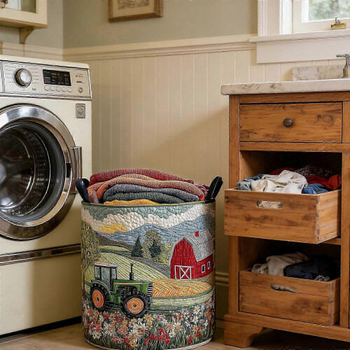 Retro Style Foldable Laundry Basket with Quilted Fabric and Vintage Floral Pattern 1