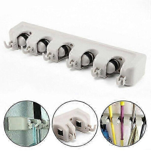 Wall Mount Mop Broom Holder with 5 Slots 6 Foldable Hooks for Home Storage Organization 2