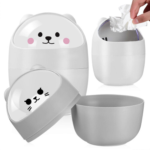 Cat Shaped Mini Trash Can with Lid, Silver Plastic for Desk Bathroom Office 2