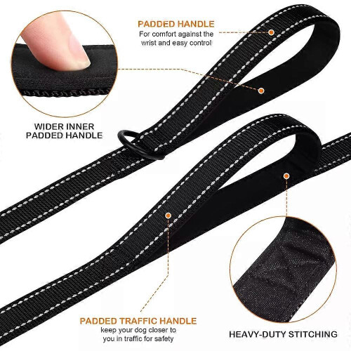 Heavy Duty Double Handle Dog Leash with Reflective Strips for Night Safety 1